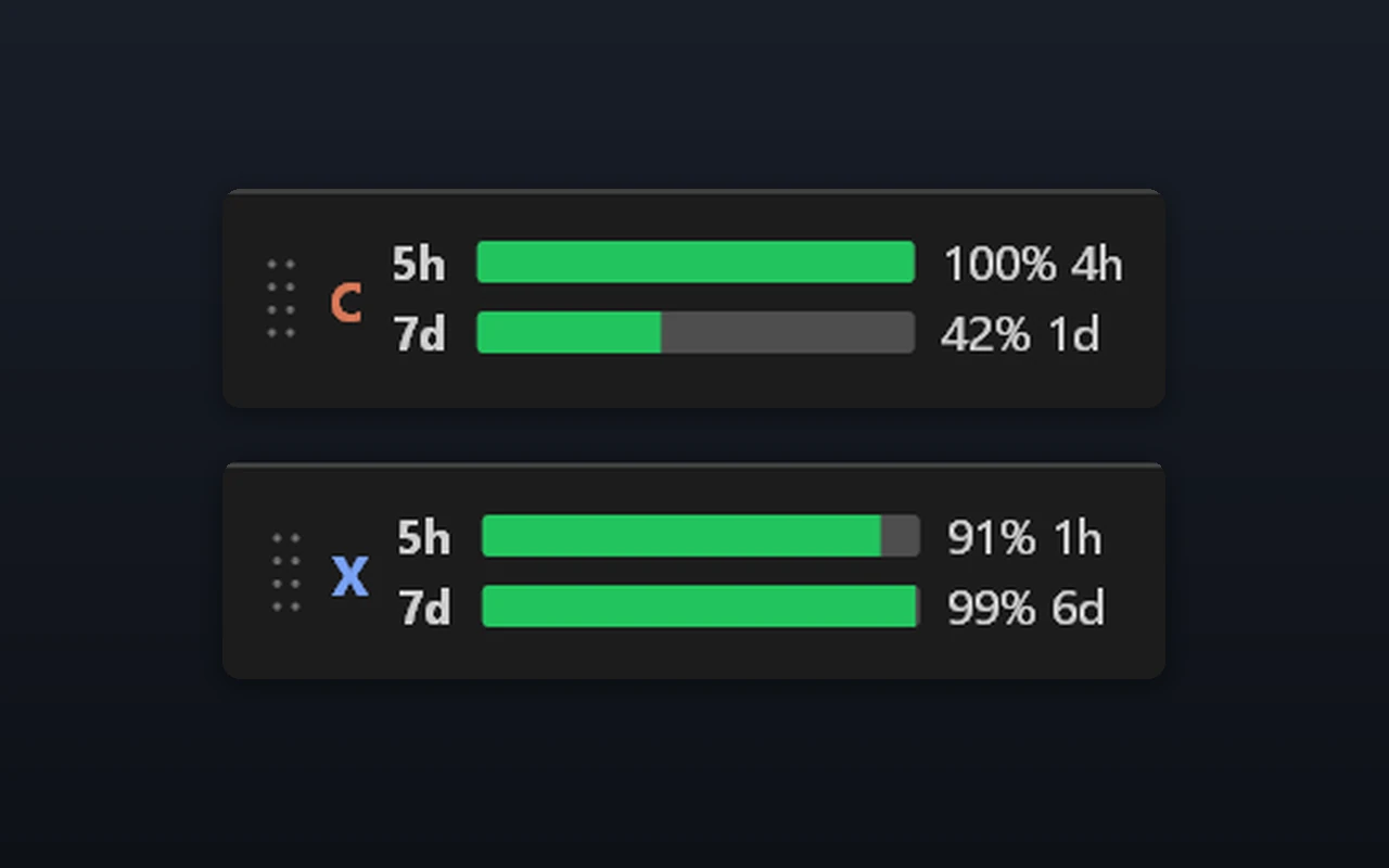 IUsage taskbar bars showing Claude and Codex 5-hour and 7-day usage