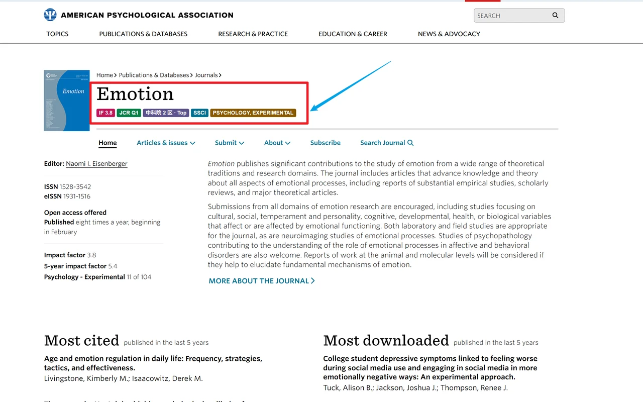 Journal badges on an APA journal page